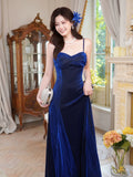 A-Line Sweetheart Neck Velvet Blue Long Prom Dress