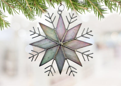 Stained Glass Snowflake Ornament – Handmade Iridescent Holiday Suncatcher