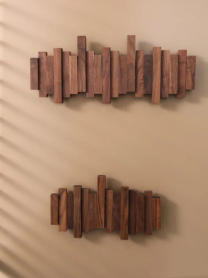 Modern Wooden Wall Hook Rack – Space-Saving Folding Coat Rack with Hidden Hooks – Stylish Walnut Wood Floating Wall Organizer