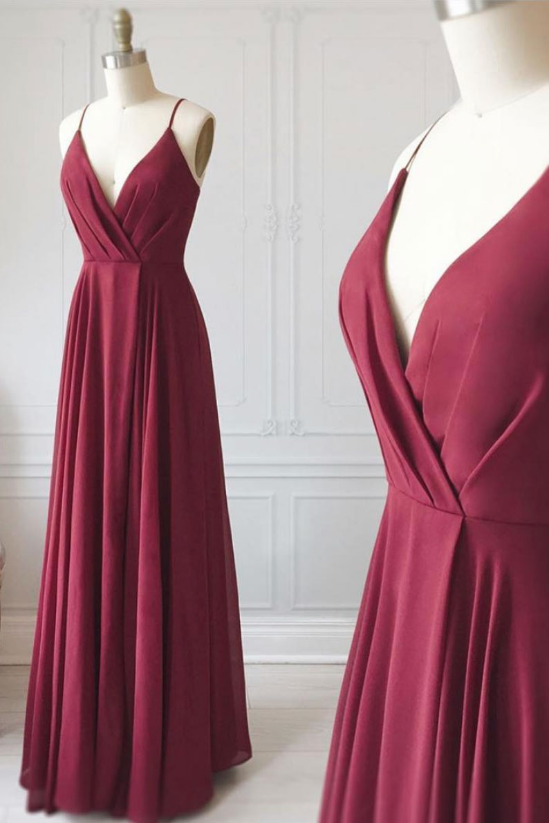 Simple v neck burgundy long prom dress, burgundy evening dress