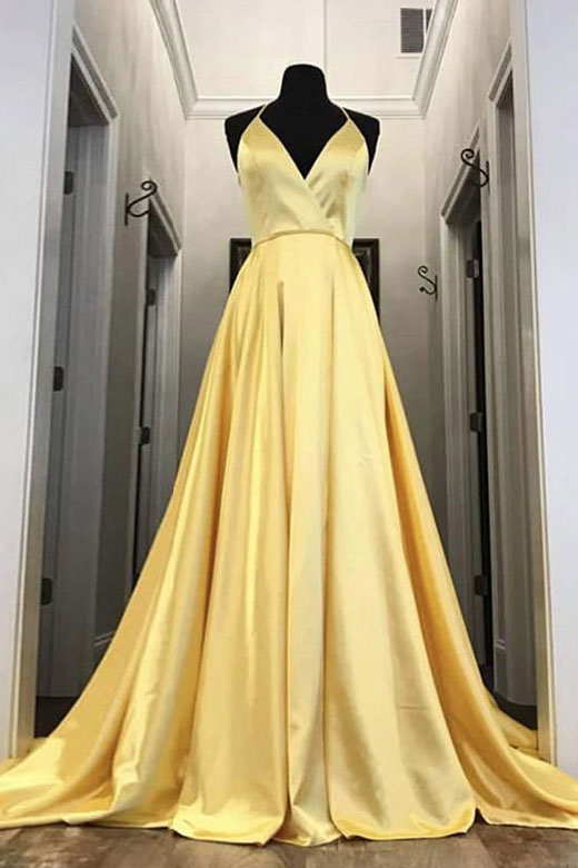Simple yellow satin long prom dress yellow evening dress