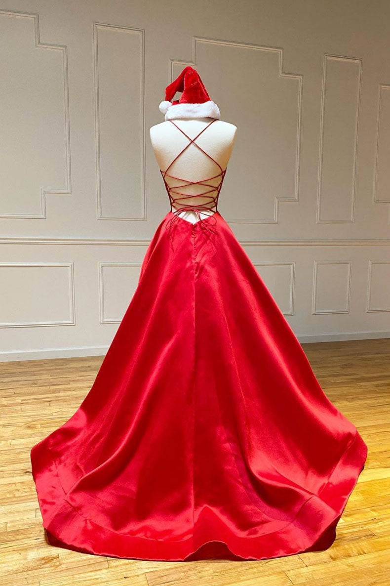 Red v neck satin long prom dress red satin evening dress