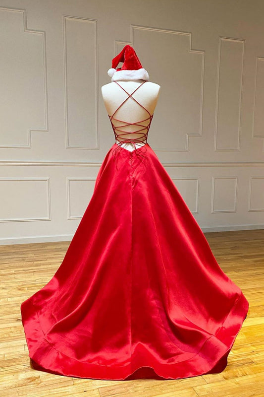 Red v neck satin long prom dress red satin evening dress