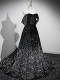 A-Line Sweetheart Neck Black Sequin Long Prom Dress, Black Formal Dress