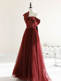 A-Line Tulle Burgundy Long Prom Dresses, Burgundy Formal Evening Dresses