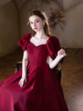 A-Line Puff Sleeves Satin Burgundy Prom Dress, Burgundy Long Formal Dress