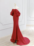 Simple Off Shoulder Satin Dark Red Mermaid Long Prom Dress