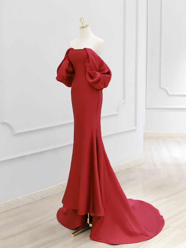 Simple Off Shoulder Satin Dark Red Mermaid Long Prom Dress