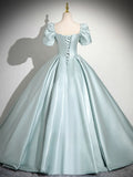 A-Line Sweetheart Neck Puff Sleeves Satin Blue Long Prom Dress, Blue Long Formal Dress