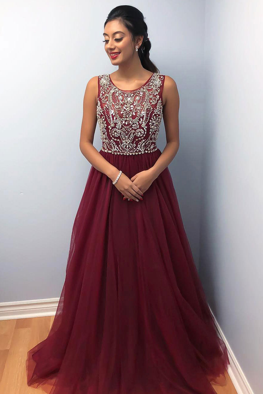 Burgundy tulle beads long prom dress, burgundy evening dress