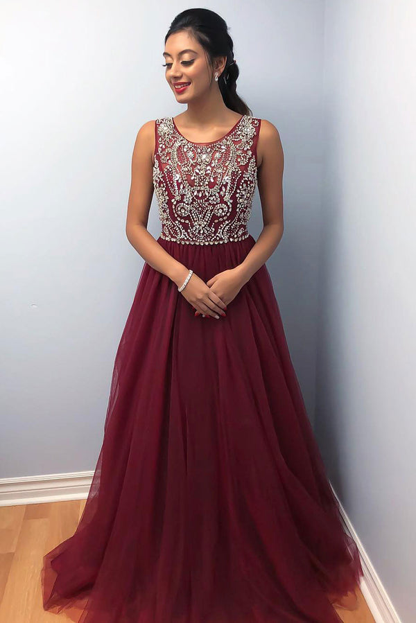 Burgundy tulle beads long prom dress, burgundy evening dress