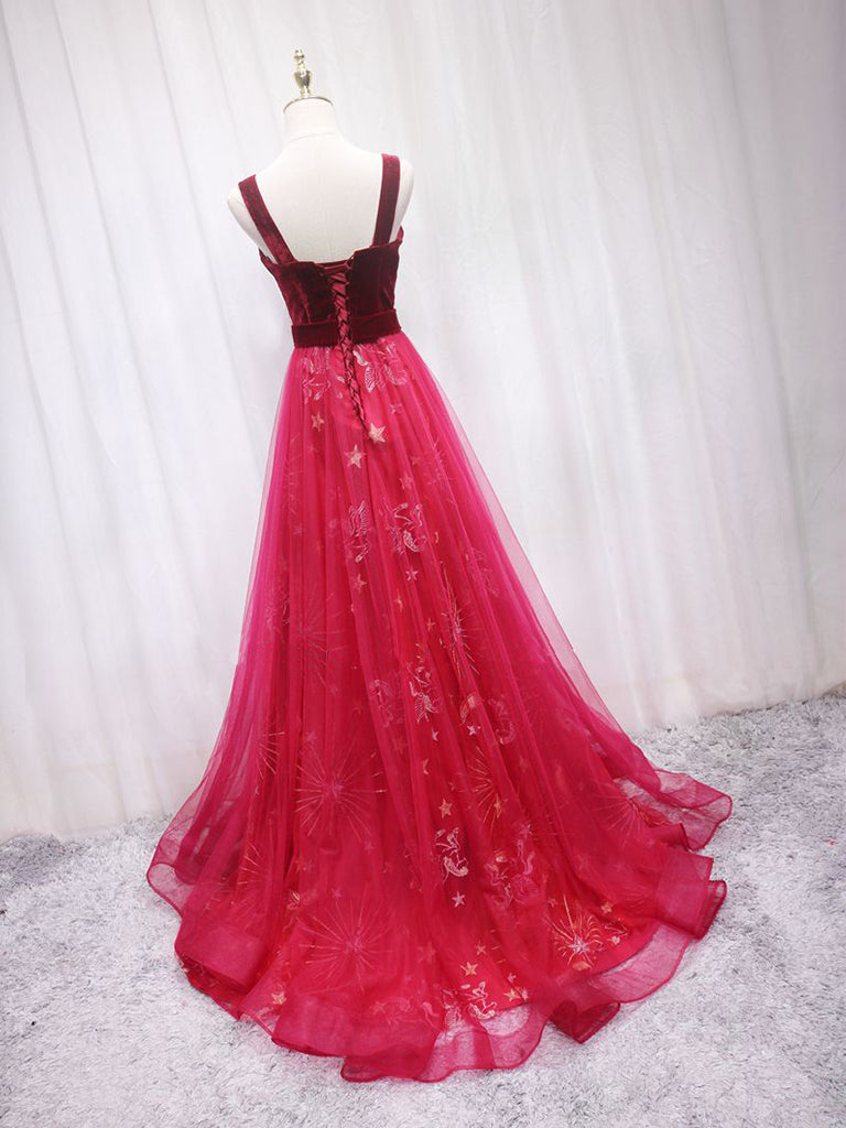 A-Line Burgundy Tulle Lace Long Prom Dress, Burgundy Long Evening Dress