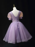 Purple V Neck Tulle Beading Sequin Short Prom Dress, Purple Homecoming Dress