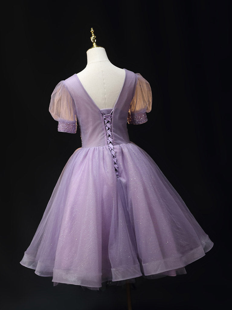 Purple V Neck Tulle Beading Sequin Short Prom Dress, Purple Homecoming Dress