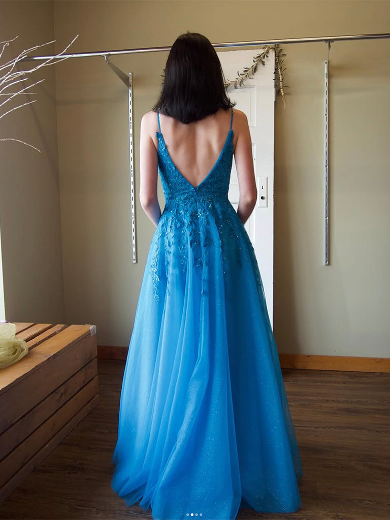 A-Line V Neck Tulle Lace Blue Long Prom Dress, Blue Long Formal Dress