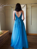 A-Line V Neck Tulle Lace Blue Long Prom Dress, Blue Long Formal Dress