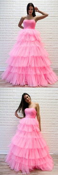 Pink sweetheart tulle long prom dress pink tulle formal dress