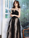 Black Aline  tulle long prom dress, black lace formal evening dress