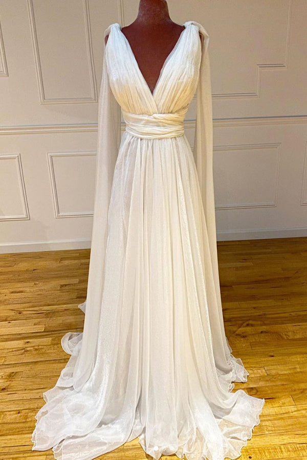 White v neck chiffon long prom dress white formal dress