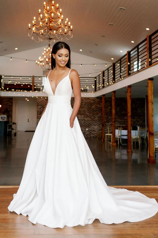 Simple white v neck satin long prom dress white lace long evening dress