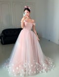 A-line Off Shoulder Tulle 3D Applique Pink Long Prom Dress, Pink Long Formal Dress