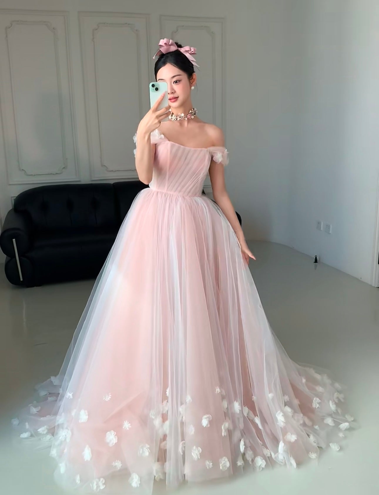 A-line Off Shoulder Tulle 3D Applique Pink Long Prom Dress, Pink Long Formal Dress