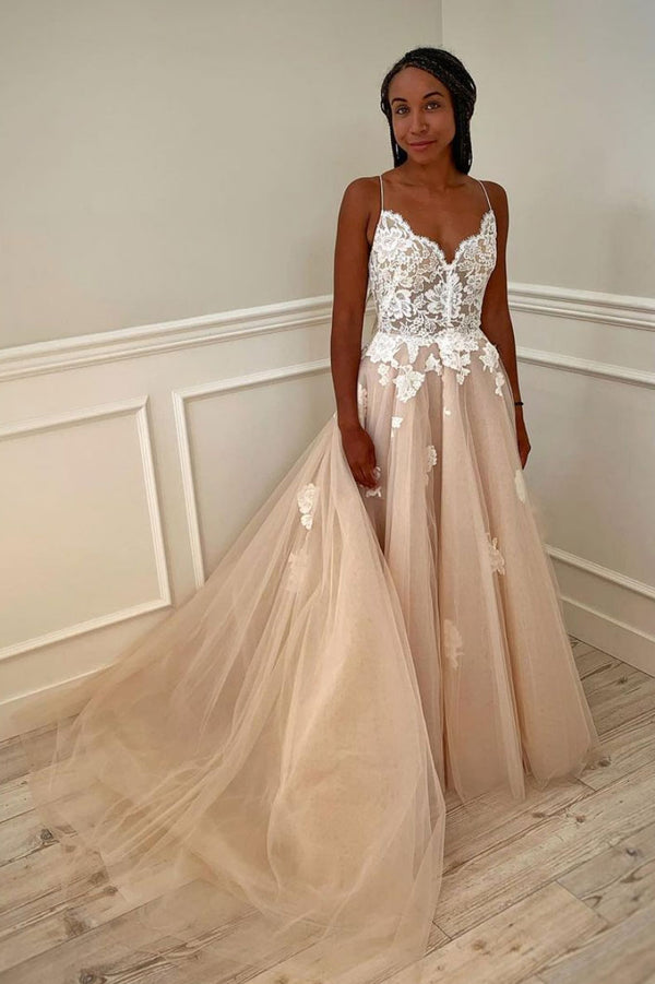 Champagne tulle lace long prom dress champagne tulle formal dress