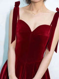A-Line Sweetheart Neck Velvet Burgundy Long Prom Dress, Burgundy Formal Dress