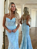 Blue Sweetheart Neck Lace Tulle Mermaid Long Prom Dress, Blue Formal Dress
