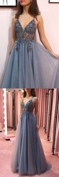 Gray v neck tulle beads long prom dress gray tulle formal dress