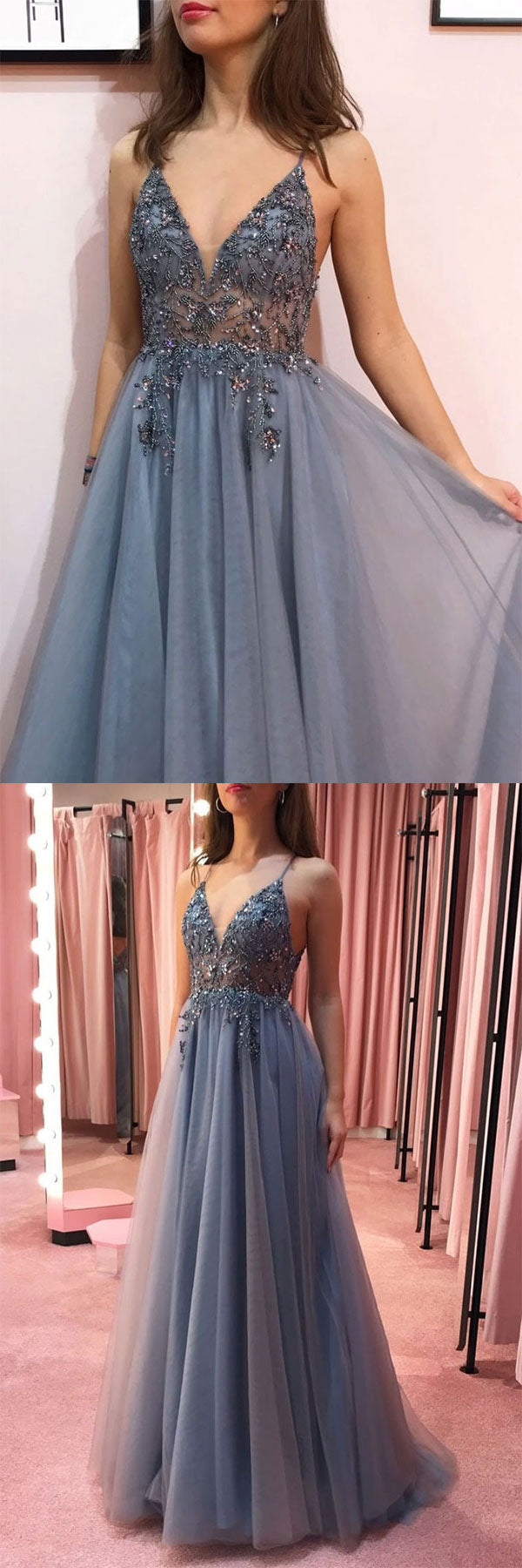 Gray v neck tulle beads long prom dress gray tulle formal dress