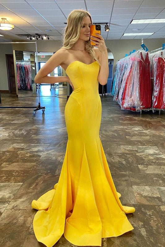 Simple yellow satin long prom dress yellow formal dress