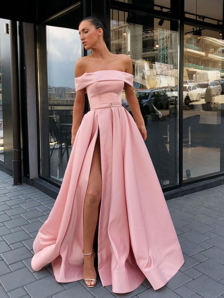 Simple A line pink satin long prom dress, pink evening dress