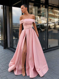 Simple A line pink satin long prom dress, pink evening dress