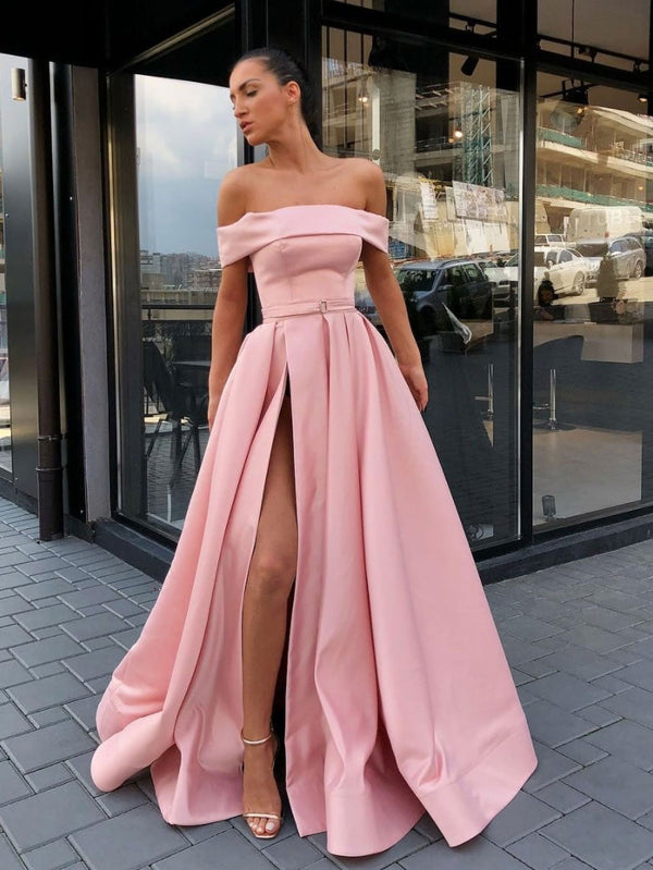 Simple A line pink satin long prom dress, pink evening dress