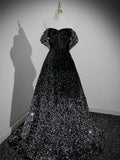 A-Line Sweetheart Neck Black Sequin Long Prom Dress, Black Formal Dress