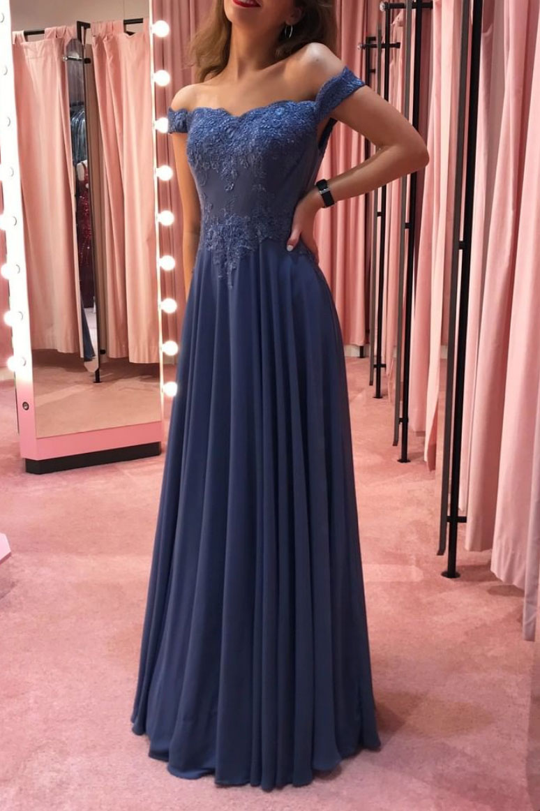 Blue off shoulder chiffon lace long prom dress blue formal dress