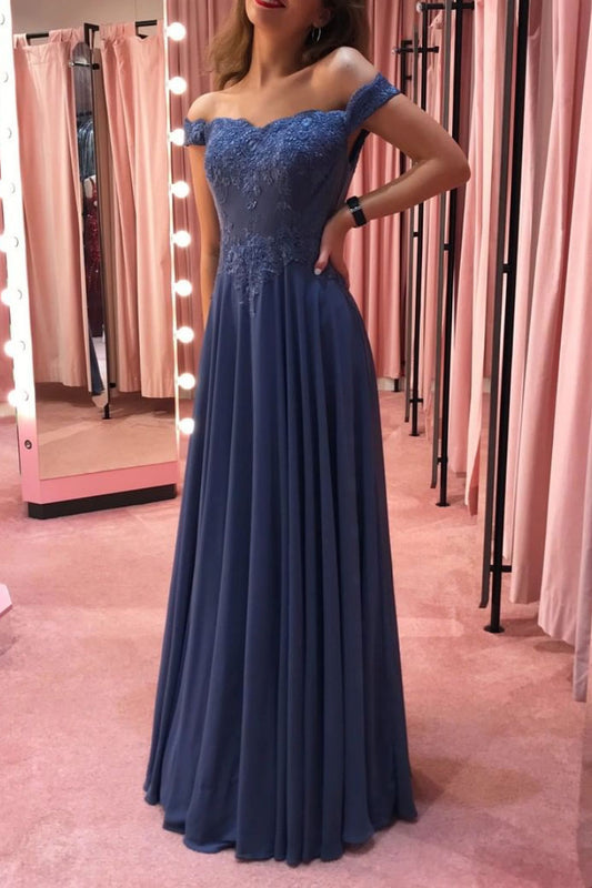 Blue off shoulder chiffon lace long prom dress blue formal dress