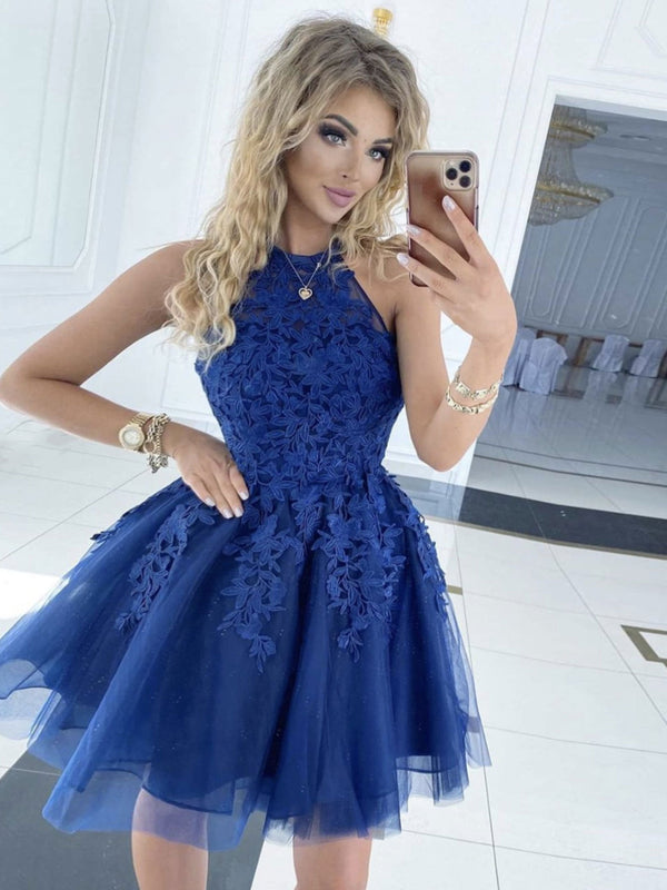 Blue tulle lace short prom dress, blue lace homecoming dress
