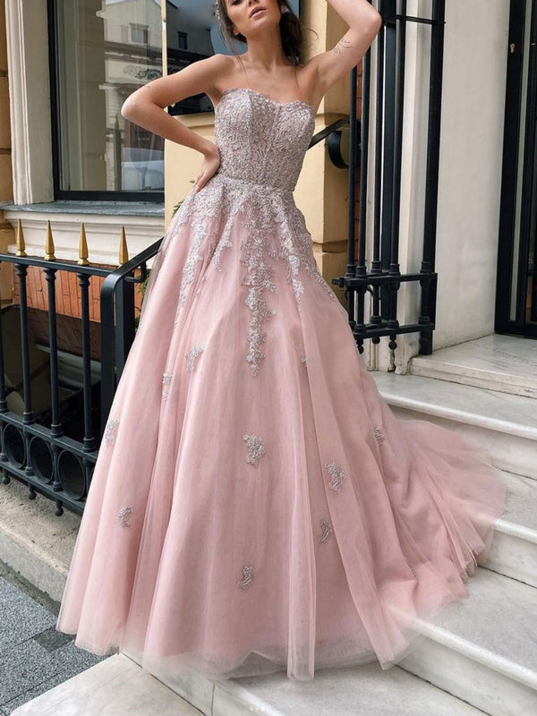 Pink tulle lace long prom dress, pink tulle lace evening dress