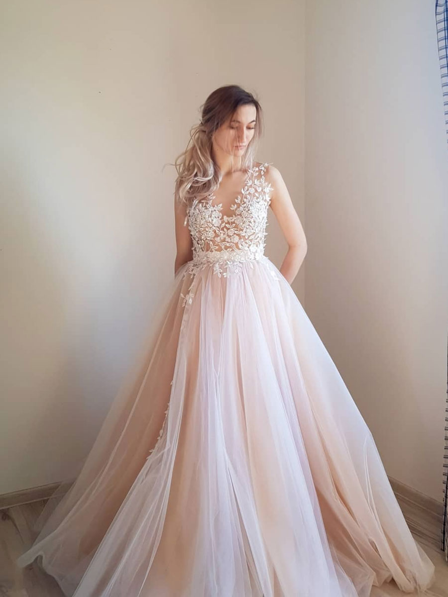 Light pink tulle lace long prom dress, pink tulle formal dress