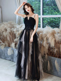 Black Aline  tulle long prom dress, black lace formal evening dress