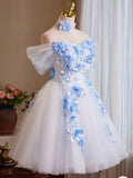 A-Line Off Shoulder Tulle Lace Applique White Prom Dress, White Homecoming Dress