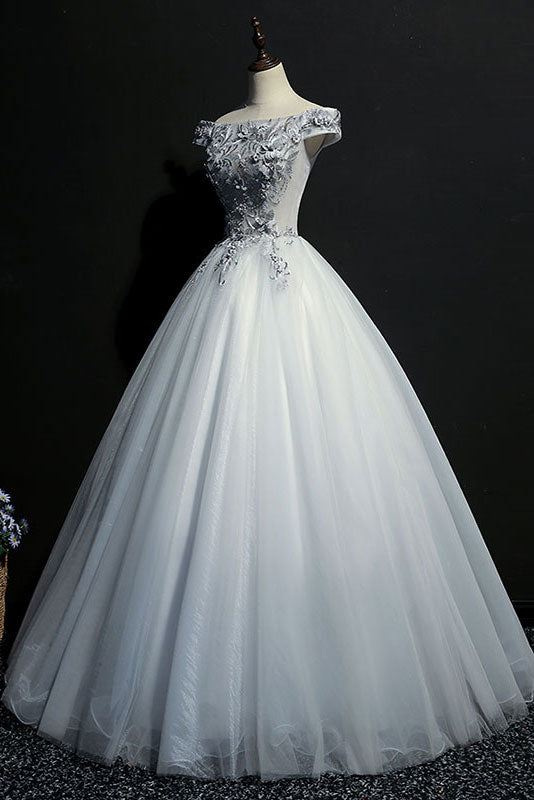 Gray tulle lace off shoulder long prom dress, gray evening dress