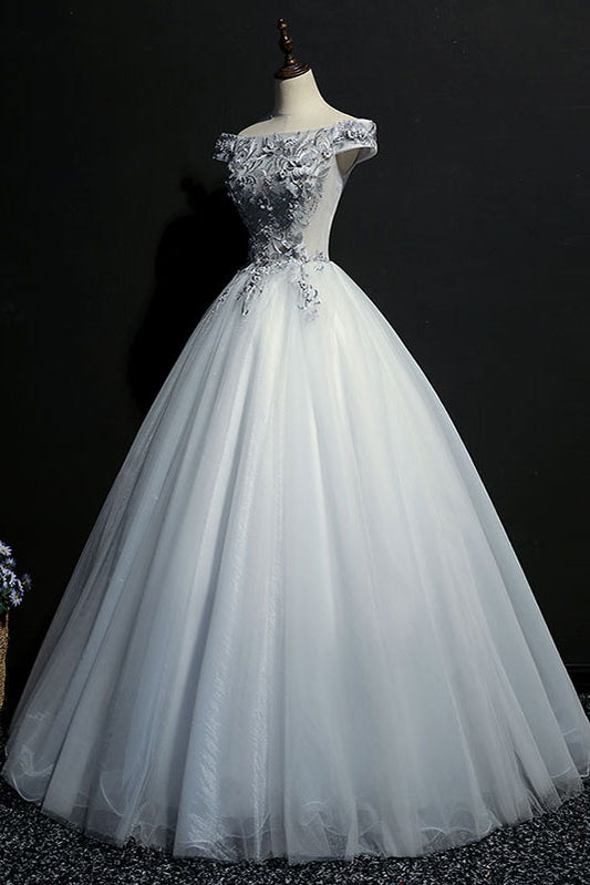Gray tulle lace off shoulder long prom dress, gray evening dress