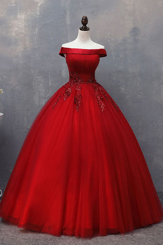 Burgundy tulle off shoulder long prom dress, burgundy formal dress