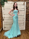 Green tulle lace mermaid long prom dress, tulle lace evening dress