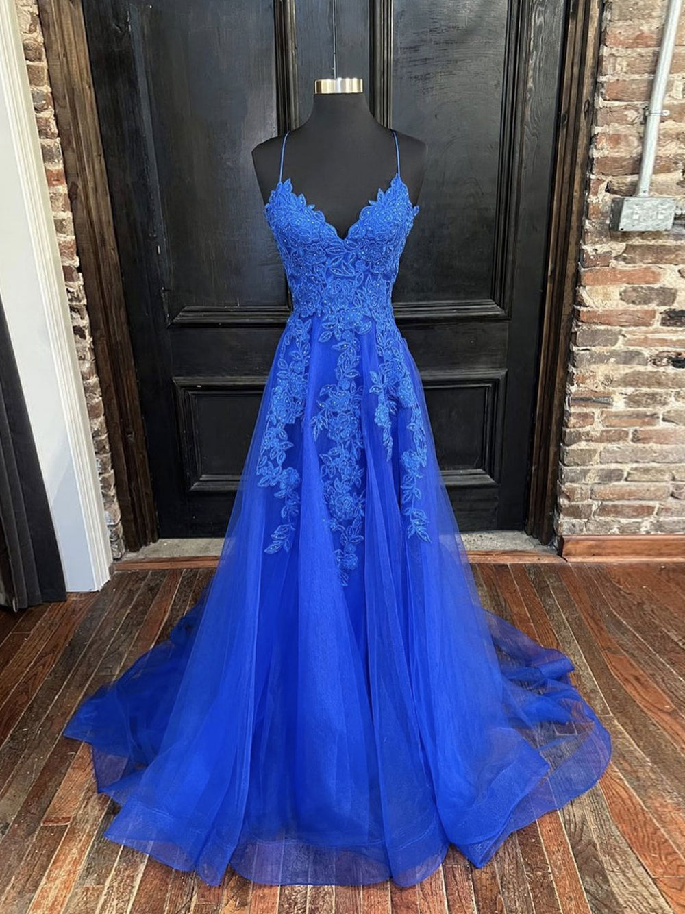 Blue v neck tulle lace long prom dress, blue tulle formal dress