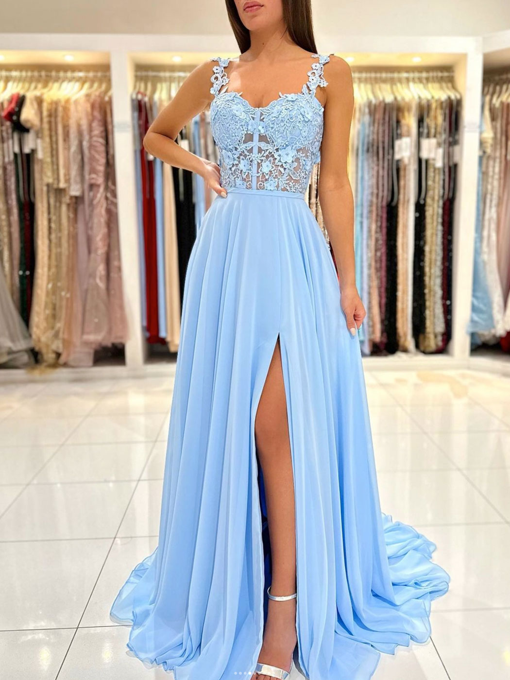 Blue A-Line Chiffon Lace Long Prom Dress, Blue Chiffon Long Formal Dress