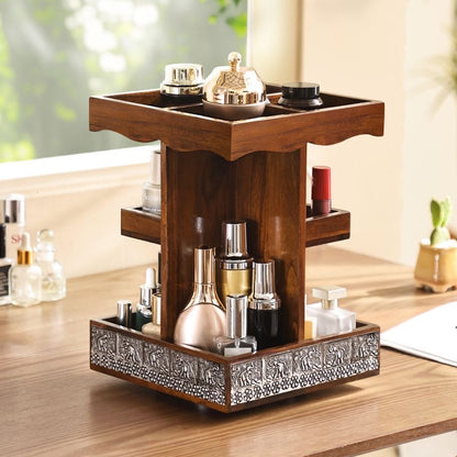Artisan Solid Wood Rotating Vanity Organizer | Hand-Carved Elephant Metal Detail